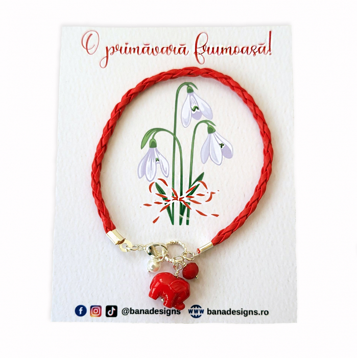 Bratara martisor cu snur impletit rosu, charm elefant rosu si perlute [3]
