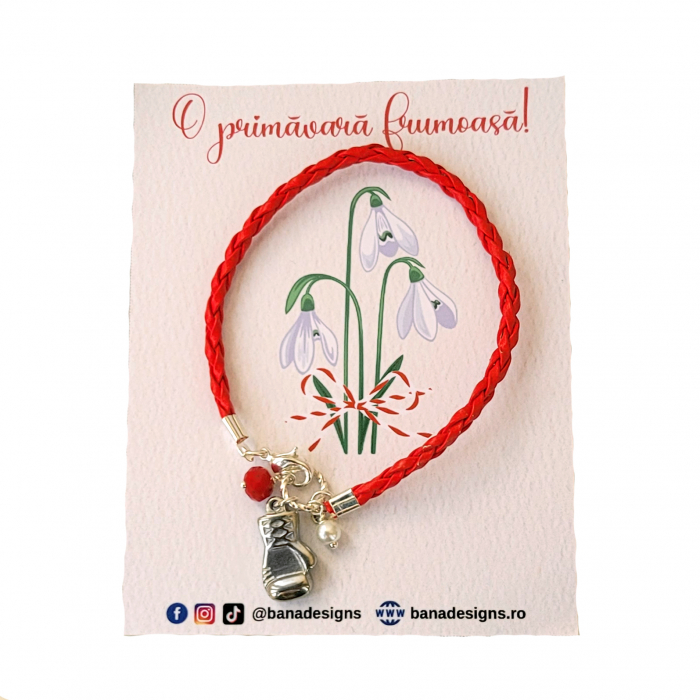 Bratara martisor cu snur impletit rosu, charm glob pamantesc si perlute [4]
