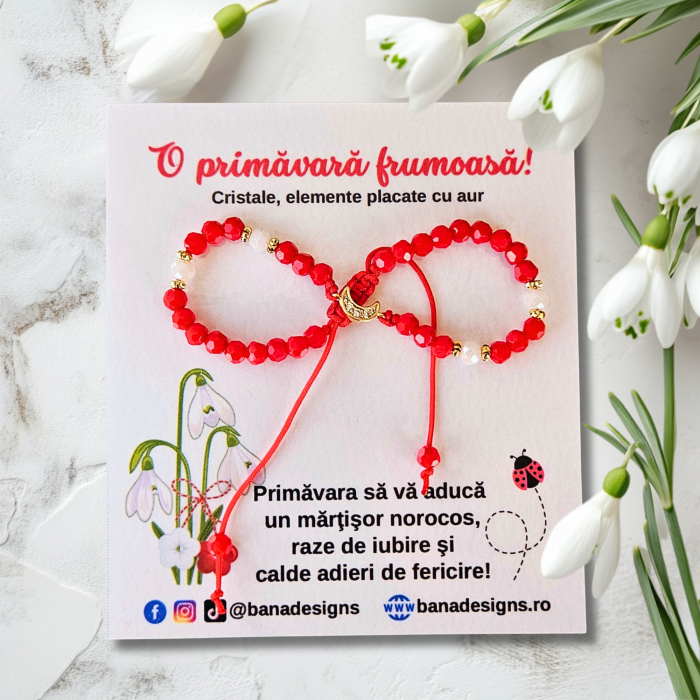 Bratara martisor cu semiluna, cristale rosii si margele texturate placate cu aur de 18K [2]