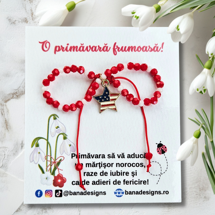 Bratara Martisor cu stea steag SUA emailata, cristale rosii si albe [2]