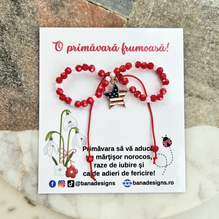 Bratara Martisor cu stea steag SUA emailata, cristale rosii si albe [5]