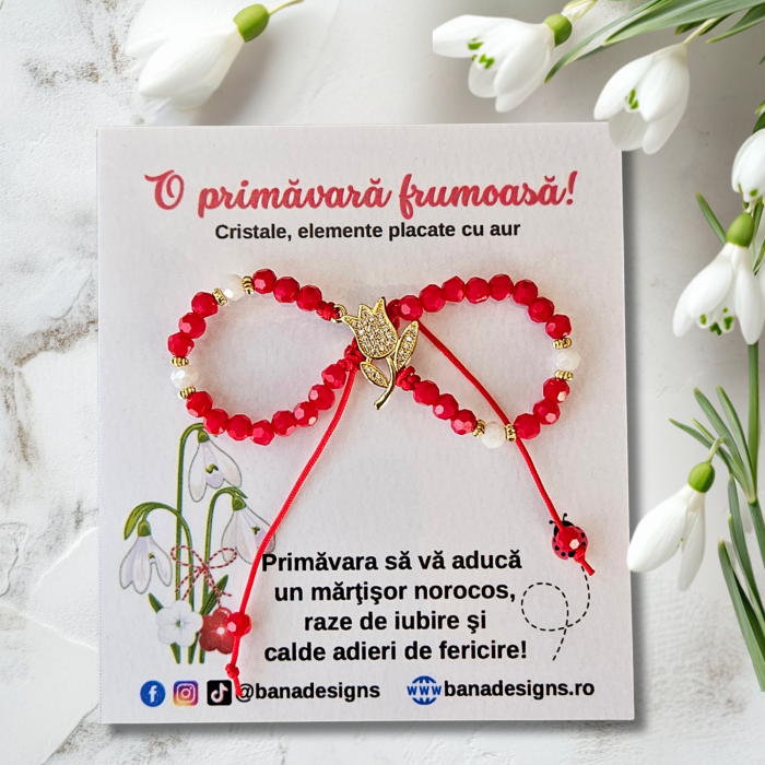 Bratara martisor cu lalea, cristale rosii si margele texturate placate cu aur de 18K [2]