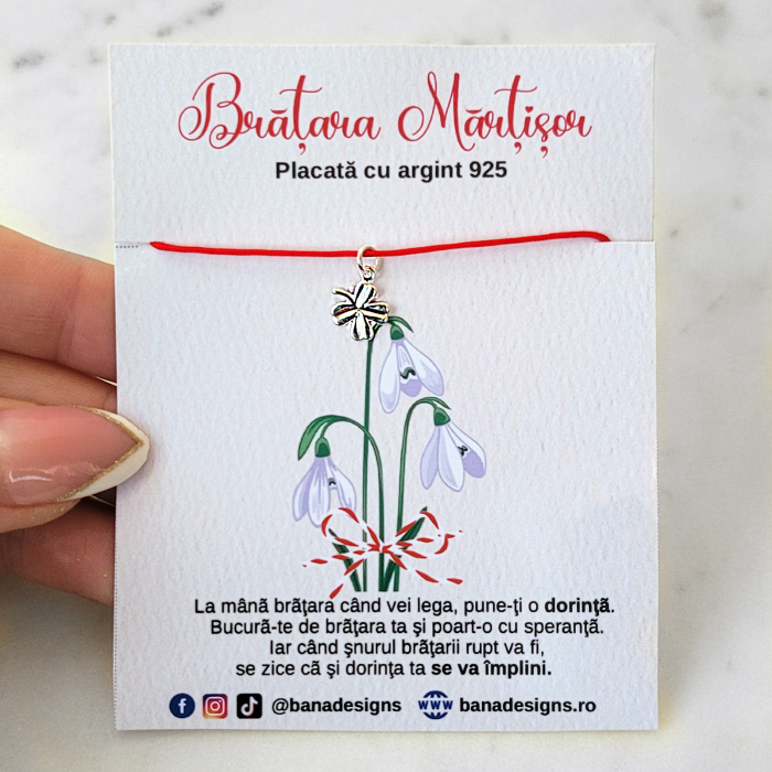 Bratara Martisor cu trifoi norocos placat cu argint, cu snur ajustabil [3]