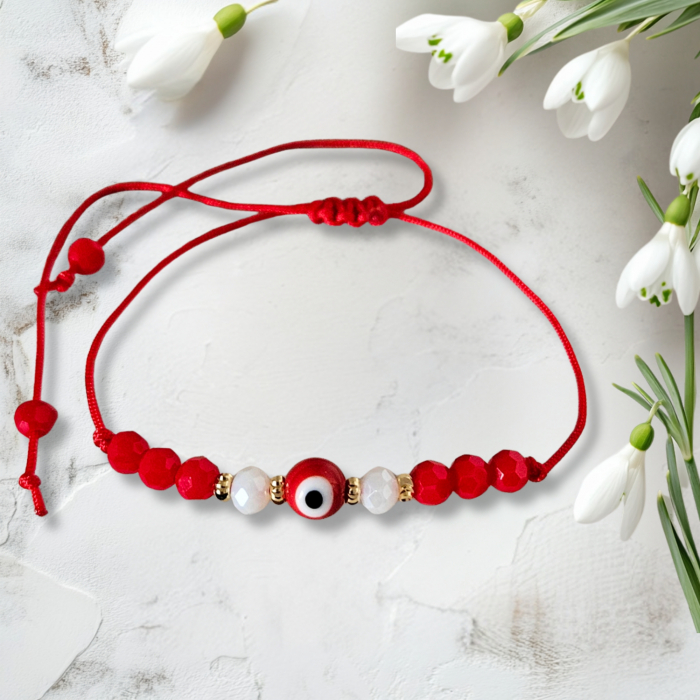 Bratara Martisor cu ochi protector si cristale rosii si albe, placata cu aur [3]
