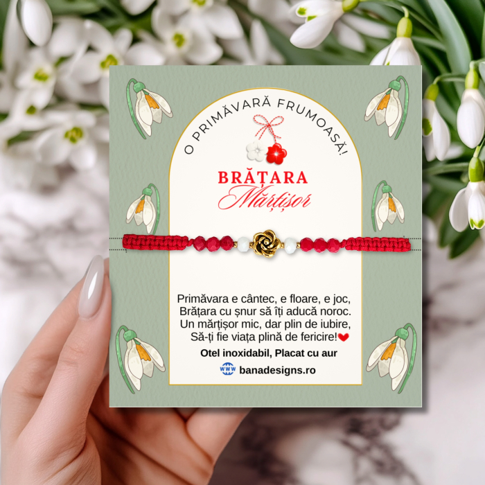 Bratara Martisor cu floare 3D placata cu aur 18K, margele cristal alb rosu, snur macrame rosu, martisor elegant cadou primavara [2]