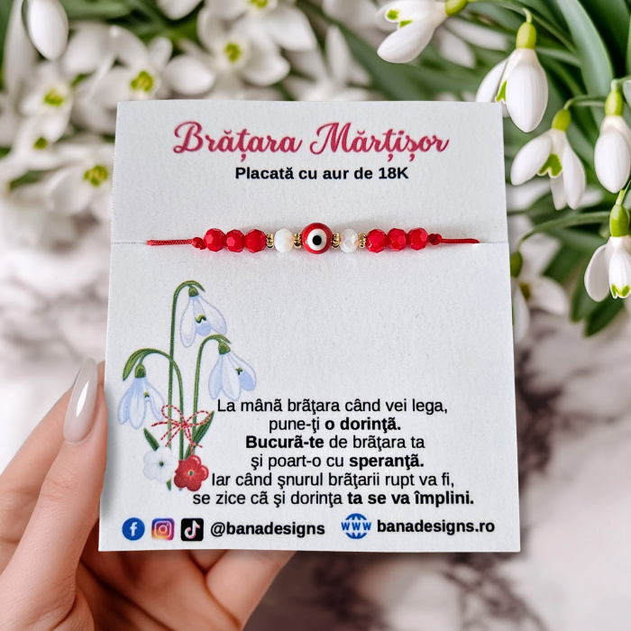 Bratara Martisor cu ochi protector si cristale rosii si albe, placata cu aur [2]