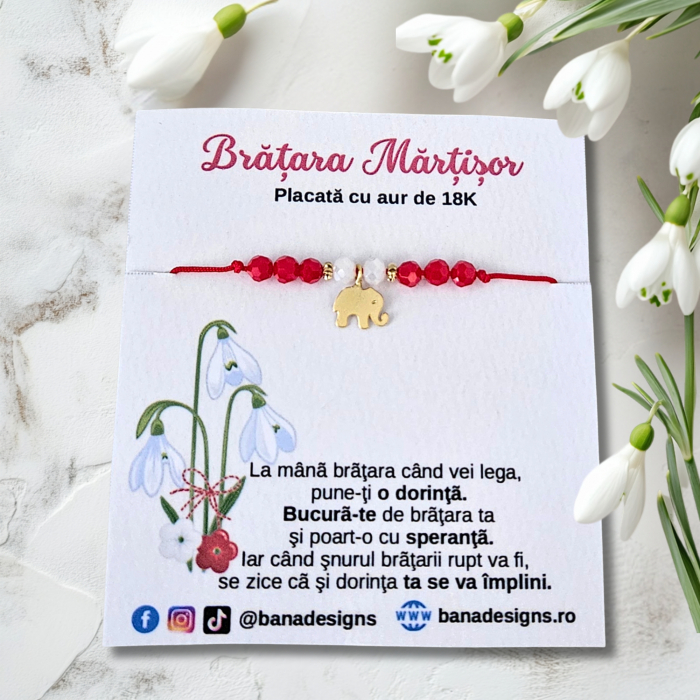 Bratara Martisor cu elefant si cristale rosii si albe, placata cu aur [3]