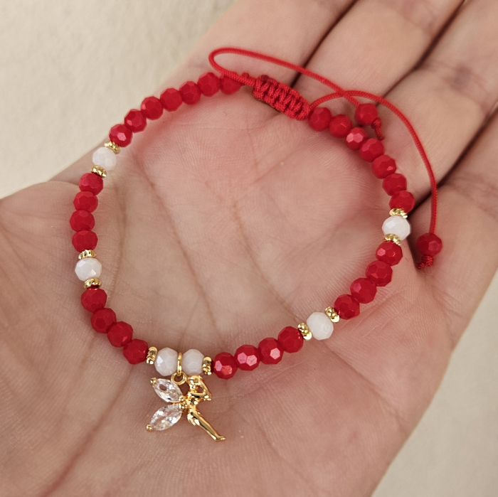 Bratara martisor cu zana, cristale rosii si margele texturate placate cu aur de 18K [6]