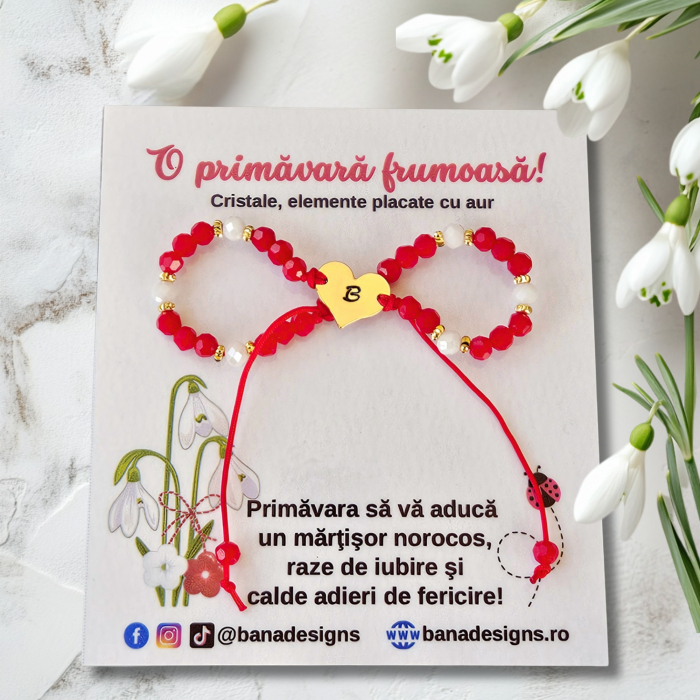 Bratara martisor cu inimioara cu initiala, cristale rosii si margele texturate placate cu aur de 18K [3]