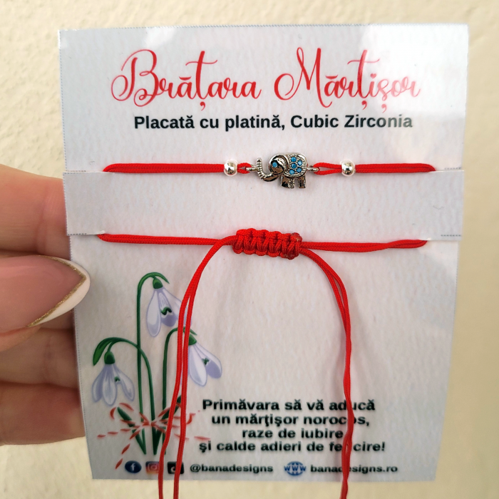 Bratara Martisor elefant placat cu platina si decorat cu cristale Cubic Zirconia si snur ajustabil [5]