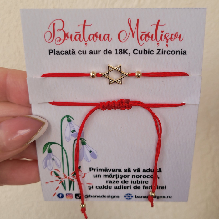Bratara Martisor Steaua lui David, placat cu aur, decorat cu cristale Cubic Zirconia, cu snur ajustabil [4]