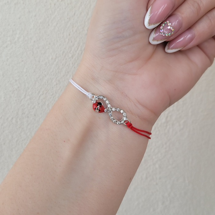 Bratara Martisor infinit argintiu cu buburuza si cristale, cu snur ajustabil [7]