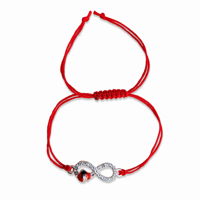 Bratara Martisor infinit argintiu cu buburuza si cristale, cu snur ajustabil [9]