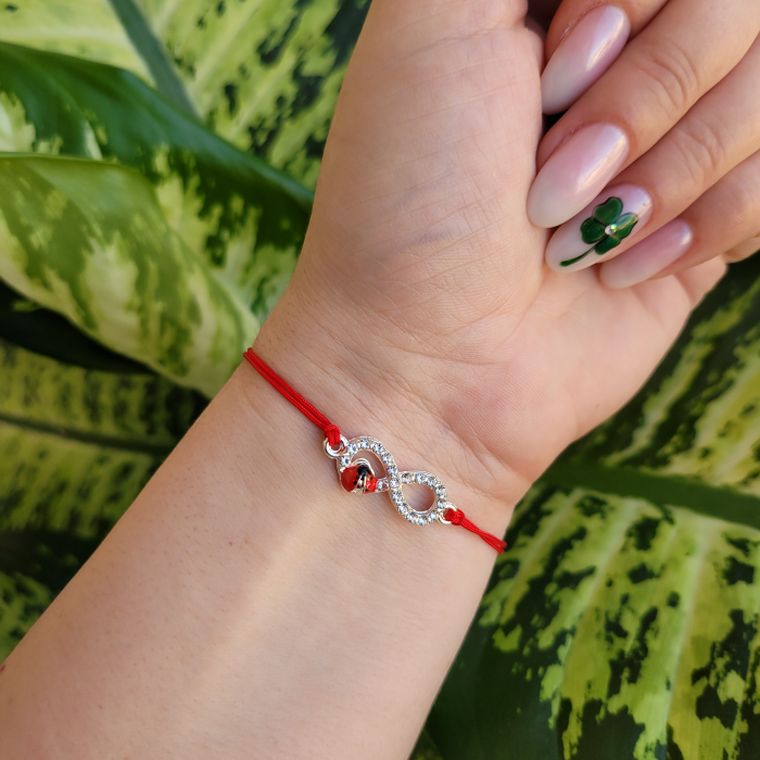 Bratara Martisor infinit argintiu cu buburuza si cristale, cu snur ajustabil [5]