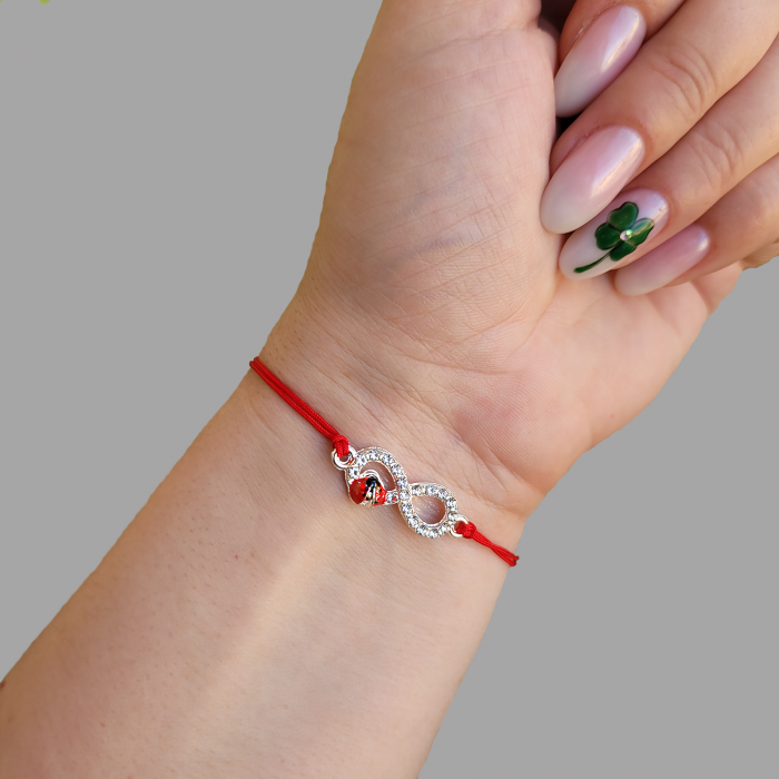 Bratara Martisor infinit argintiu cu buburuza si cristale, cu snur ajustabil [4]
