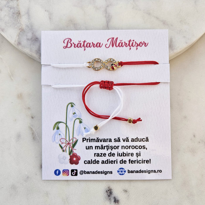 Bratara Martisor infinit argintiu cu buburuza si cristale, cu snur ajustabil [2]