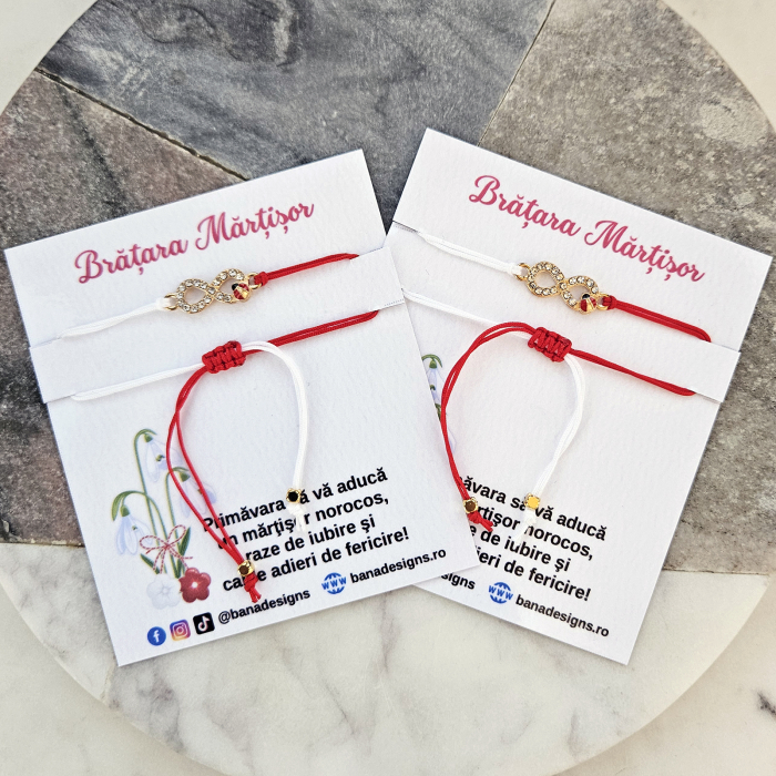 Bratara Martisor infinit argintiu cu buburuza si cristale, cu snur ajustabil [3]