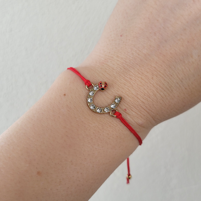 Bratara Martisor infinit argintiu cu buburuza si cristale, cu snur ajustabil [5]