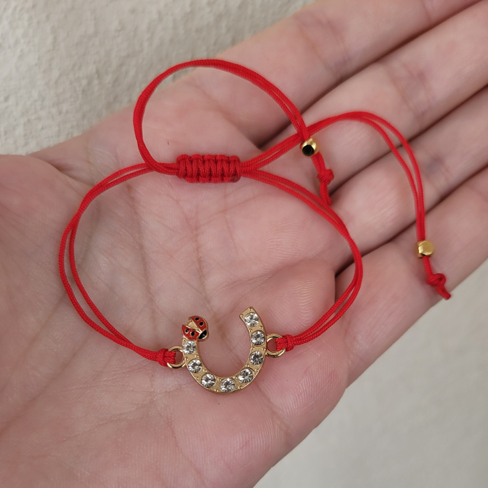 Bratara Martisor infinit argintiu cu buburuza si cristale, cu snur ajustabil [4]