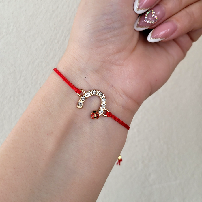 Bratara Martisor infinit argintiu cu buburuza si cristale, cu snur ajustabil [2]