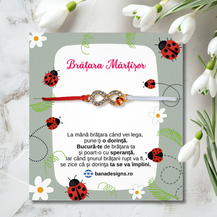 Bratara Martisor infinit auriu cu buburuza si cristale, cu snur ajustabil [2]