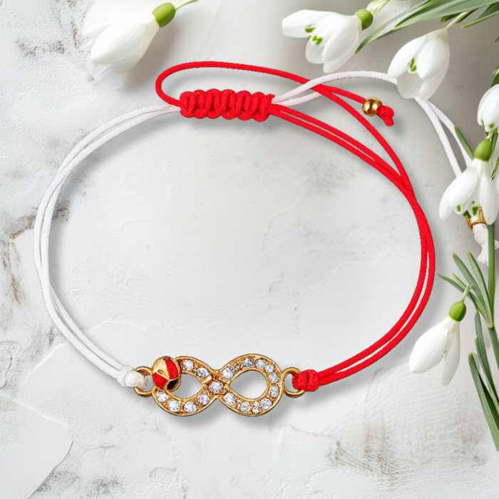 Bratara Martisor infinit auriu cu buburuza si cristale, cu snur ajustabil [4]