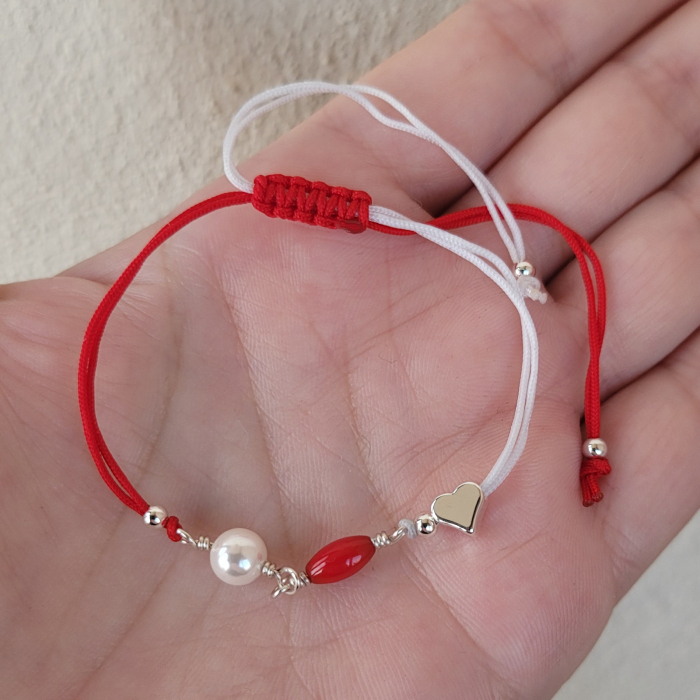 Bratara Martisor placata cu argint, cu inimioara, perl shell pearl si coral rosu [3]