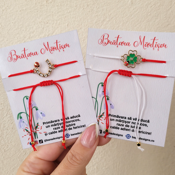 Bratara Martisor infinit argintiu cu buburuza si cristale, cu snur ajustabil [6]
