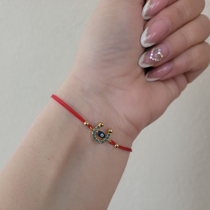 Bratara Martisor potcoava cu ochi protector, placata cu aur, decorata cu cristale Cubic Zirconia, culoare turcoaz, cu snur ajustabil [6]