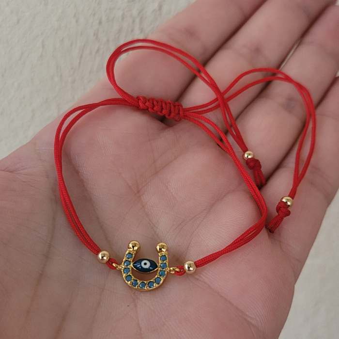 Bratara Martisor potcoava cu ochi protector, placata cu aur, decorata cu cristale Cubic Zirconia, culoare turcoaz, cu snur ajustabil [5]