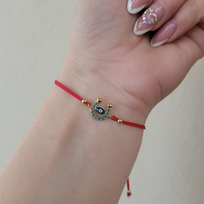 Bratara Martisor potcoava cu ochi protector, placata cu aur, decorata cu cristale Cubic Zirconia, culoare turcoaz, cu snur ajustabil [8]