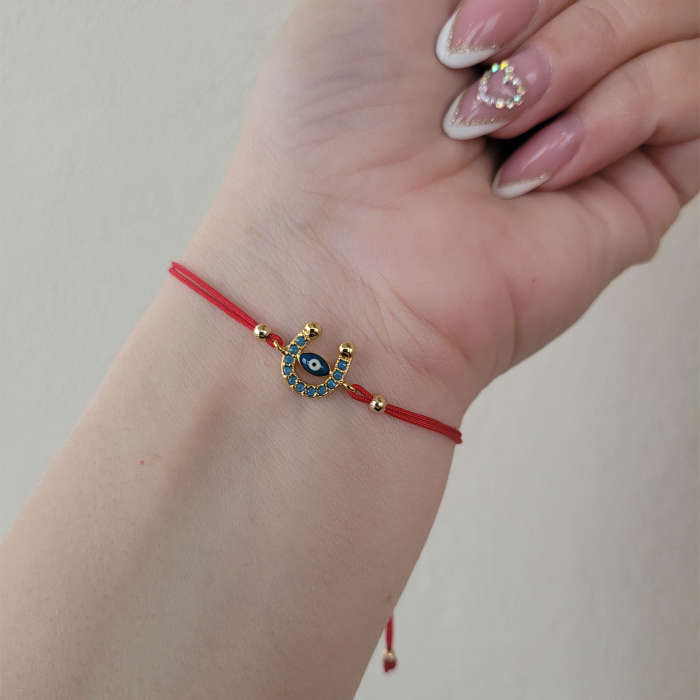 Bratara Martisor potcoava cu ochi protector, placata cu aur, decorata cu cristale Cubic Zirconia, culoare turcoaz, cu snur ajustabil [2]
