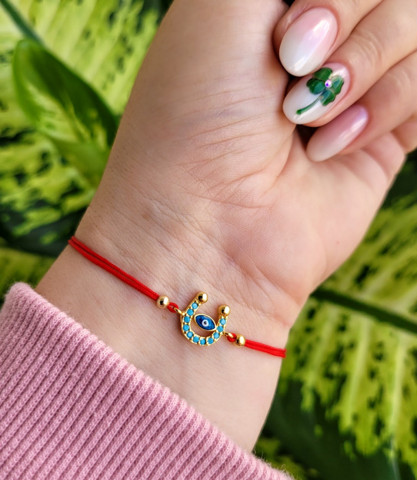 Bratara Martisor potcoava cu ochi protector, placata cu aur, decorata cu cristale Cubic Zirconia, culoare turcoaz, cu snur ajustabil [7]