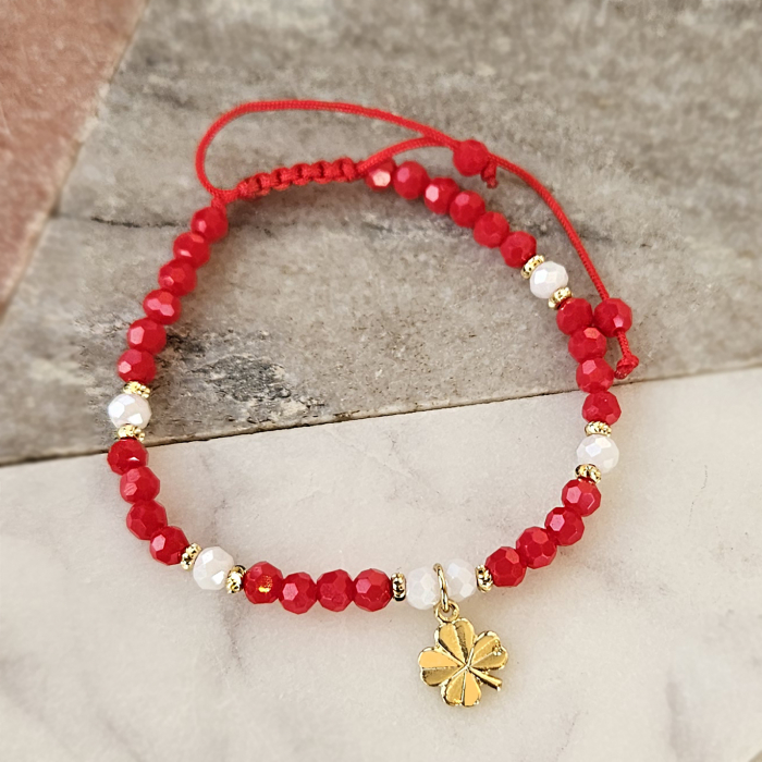 Bratara martisor trifoi, cristale rosii si margele texturate placate cu aur de 18K [3]