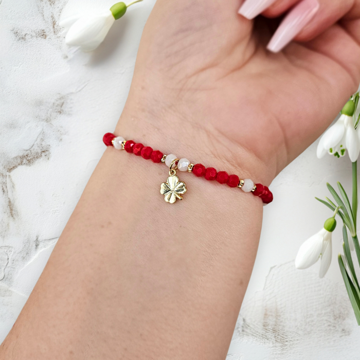 Bratara martisor trifoi, cristale rosii si margele texturate placate cu aur de 18K [2]