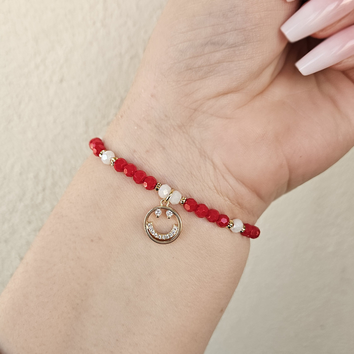 Bratara martisor cu emoticon smiley, cristale rosii si margele texturate placate cu aur de 18K [4]