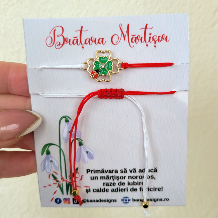Bratara Martisor cu trifoi si buburuza cu snur ajustabil [3]