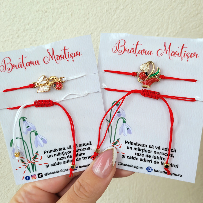 Bratara norocoasa Martisor cu ghiocel si buburuza, cu snur ajustabil [6]