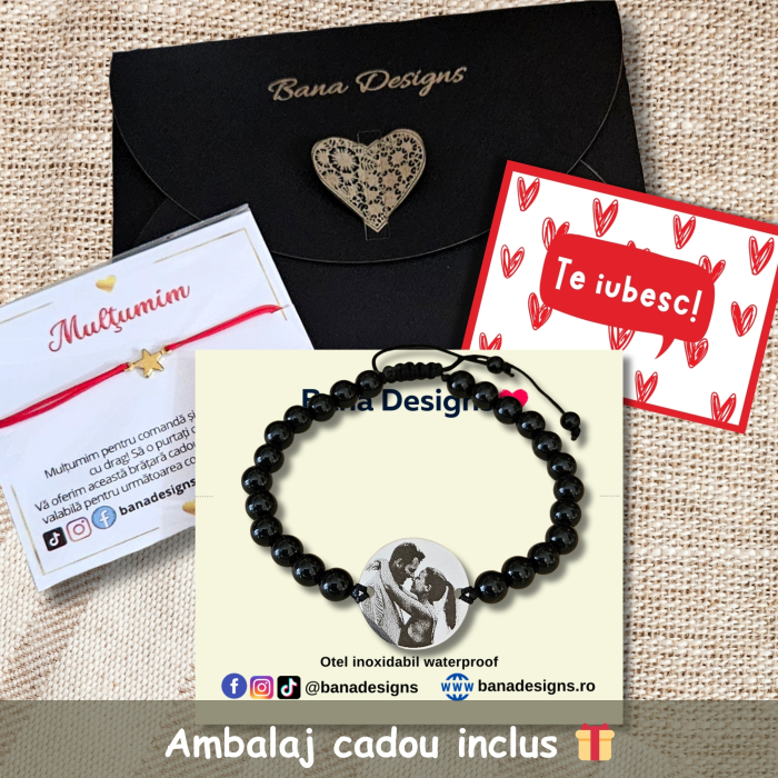 Brățară personalizată cu fotografie gravată pe bănuț din inox 304, onix negru natural 6 mm, șnur reglabil. Cadou elegant, premium și plin de semnificație. [3]