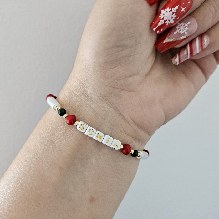 Bratara personalizata cu nume auriu, model Craciun, cu cristale si snur ajustabil [6]