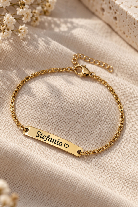 Brățară Personalizată cu Nume și Inimioară, Oțel Inoxidabil Placat cu Aur 18K [2]