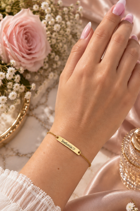 Brățară Personalizată cu Nume și Inimioară, Oțel Inoxidabil Placat cu Aur 18K [5]