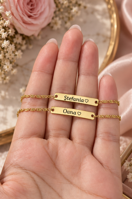 Brățară Personalizată cu Nume și Inimioară, Oțel Inoxidabil Placat cu Aur 18K [3]