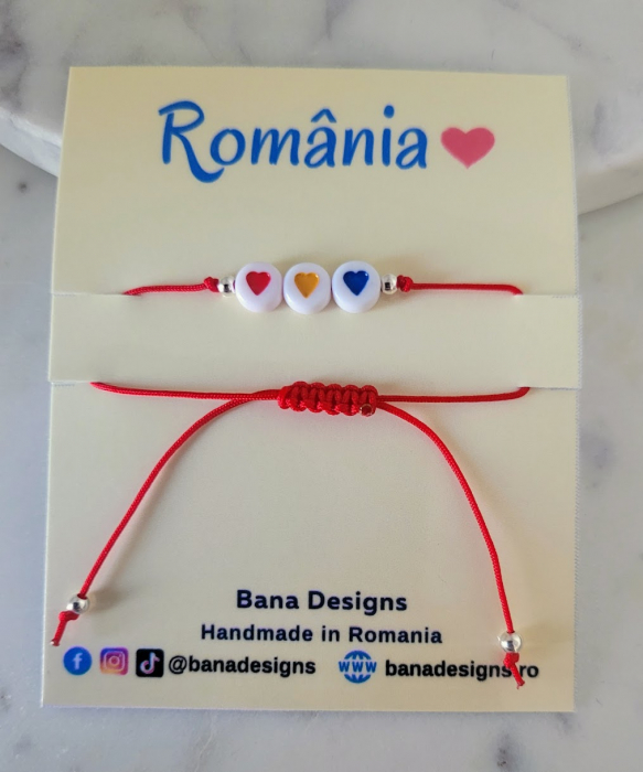 Bratara Romania, cu inimioare in culorile steagului Romanesc, suvenir din Romania cu snur ajustabil [1]