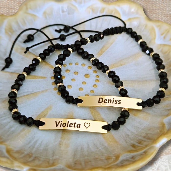 Bratara placata cu aur de 18K personalizata cu nume, cristale negre [2]