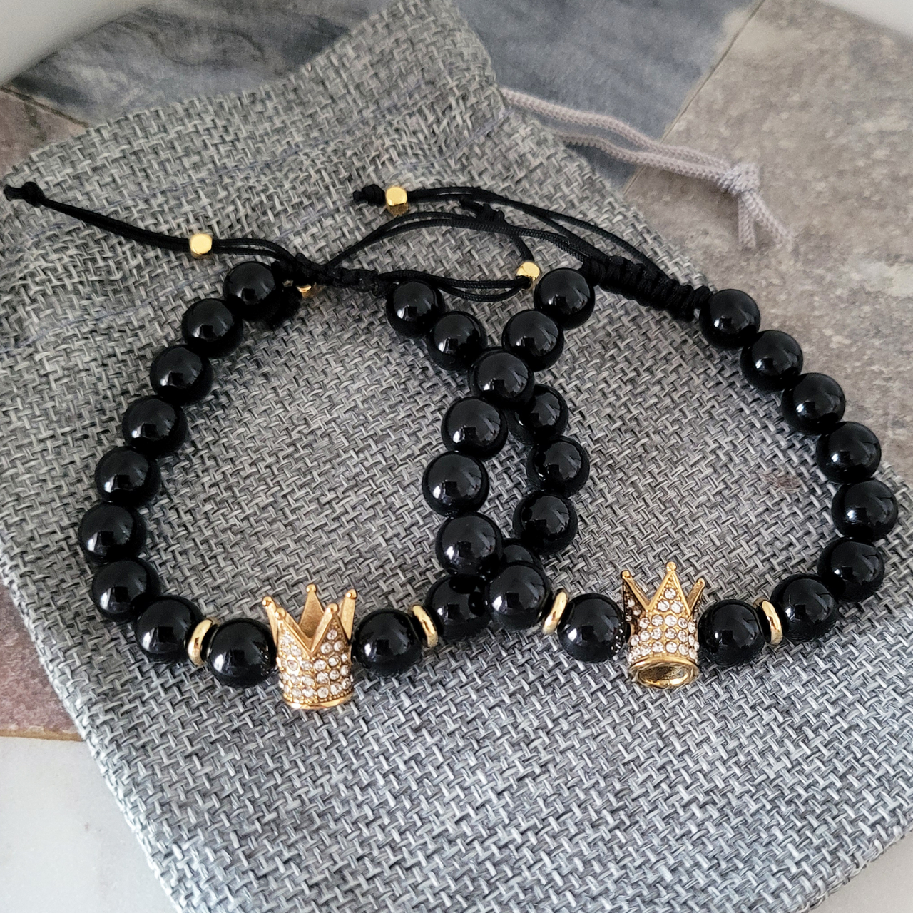 Set Bratari pentru cuplu cu coronita si Onix pietre semipretioase [5]