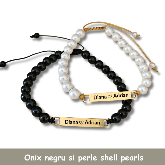 Set de 2 Brățări Personalizate pentru Cuplu – Gravură Laser pe Inox Auriu IP, Onix Negru & Perle Shell [3]