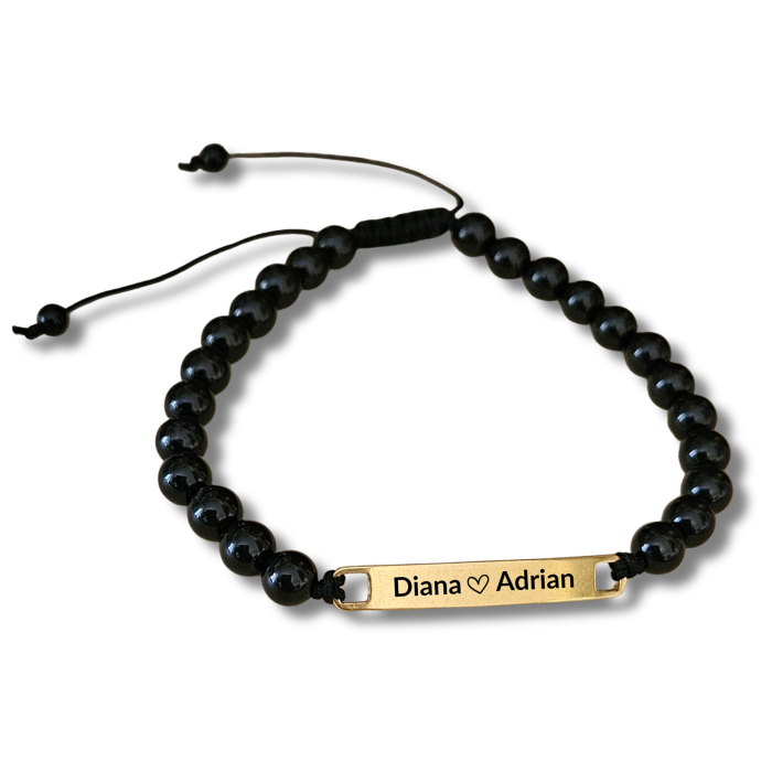 Set de 2 Brățări Personalizate pentru Cuplu – Gravură Laser pe Inox Auriu IP, Onix Negru & Perle Shell [5]