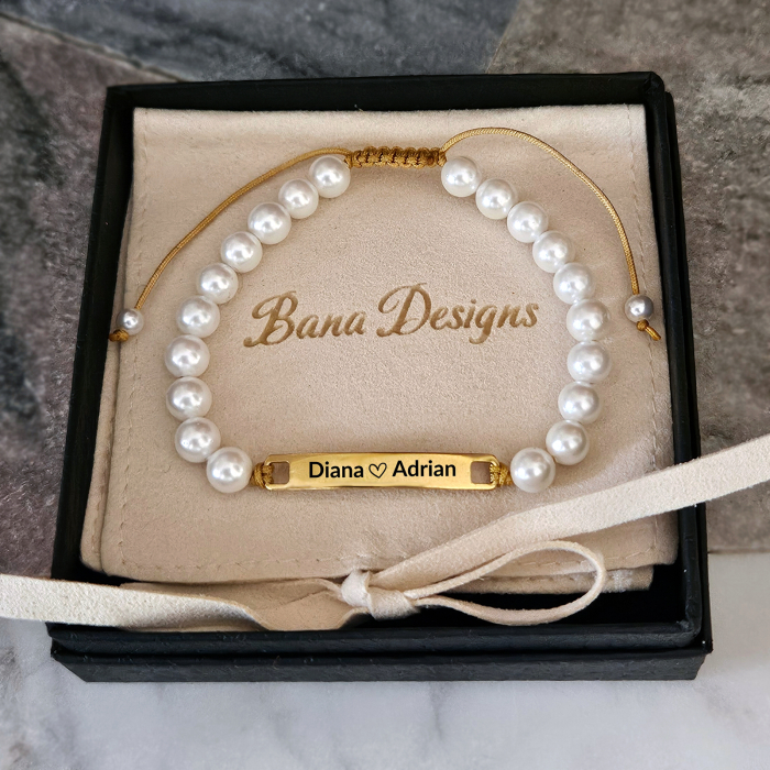 Set de 2 Brățări Personalizate pentru Cuplu – Gravură Laser pe Inox Auriu IP, Onix Negru & Perle Shell [8]