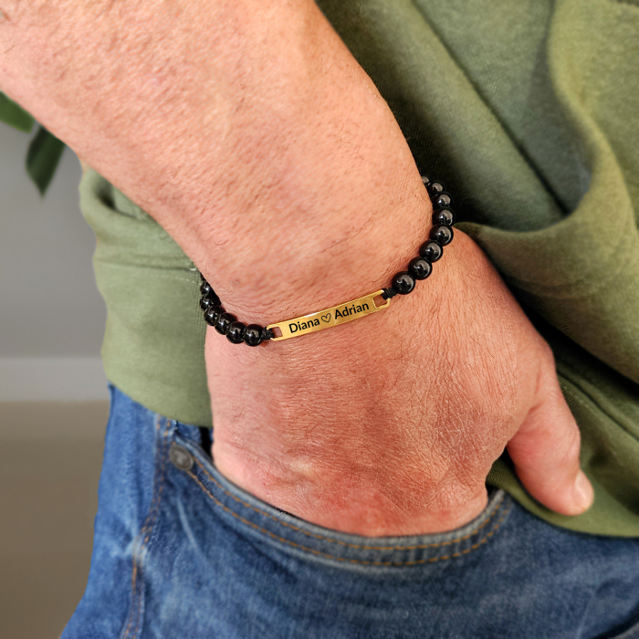 Set de 2 Brățări Personalizate pentru Cuplu – Gravură Laser pe Inox Auriu IP, Onix Negru & Perle Shell [10]